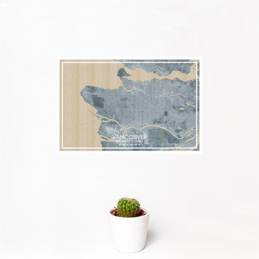 12x18 Vancouver British Columbia Map Print Landscape Orientation in Afternoon Style With Small Cactus Plant in White Planter