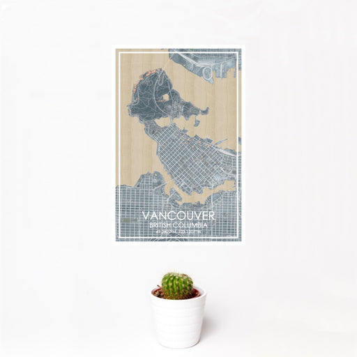 12x18 Vancouver British Columbia Map Print Portrait Orientation in Afternoon Style With Small Cactus Plant in White Planter