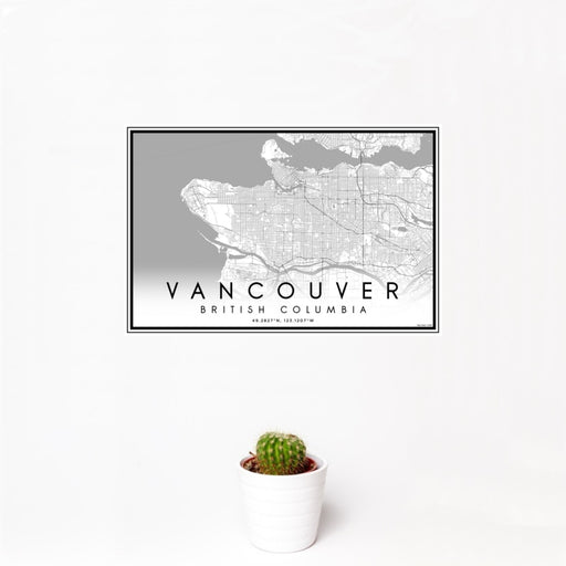 12x18 Vancouver British Columbia Map Print Landscape Orientation in Classic Style With Small Cactus Plant in White Planter