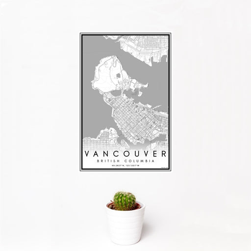 12x18 Vancouver British Columbia Map Print Portrait Orientation in Classic Style With Small Cactus Plant in White Planter