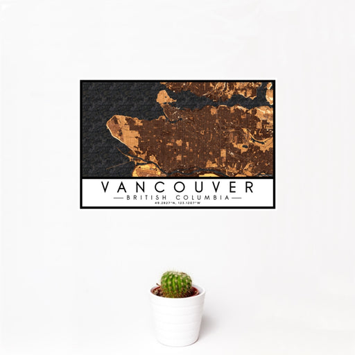 12x18 Vancouver British Columbia Map Print Landscape Orientation in Ember Style With Small Cactus Plant in White Planter