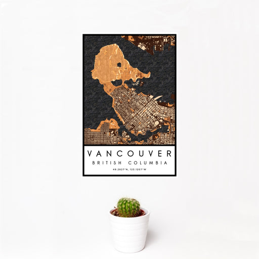 12x18 Vancouver British Columbia Map Print Portrait Orientation in Ember Style With Small Cactus Plant in White Planter