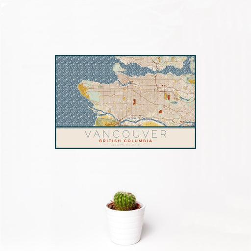 12x18 Vancouver British Columbia Map Print Landscape Orientation in Woodblock Style With Small Cactus Plant in White Planter