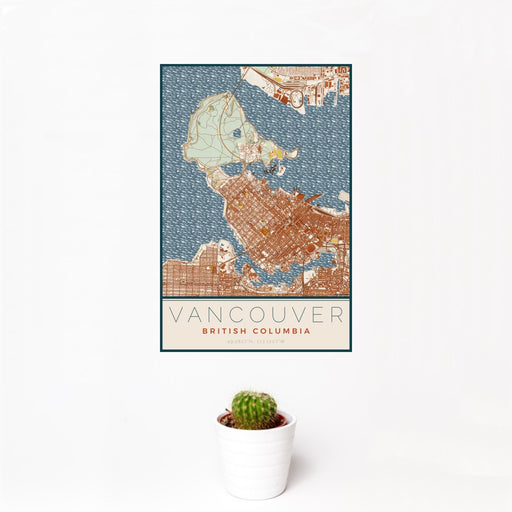 12x18 Vancouver British Columbia Map Print Portrait Orientation in Woodblock Style With Small Cactus Plant in White Planter