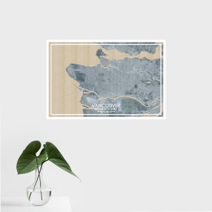 16x24 Vancouver British Columbia Map Print Landscape Orientation in Afternoon Style With Tropical Plant Leaves in Water