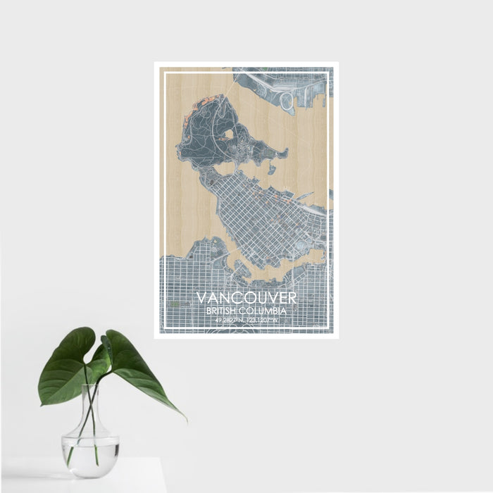 16x24 Vancouver British Columbia Map Print Portrait Orientation in Afternoon Style With Tropical Plant Leaves in Water
