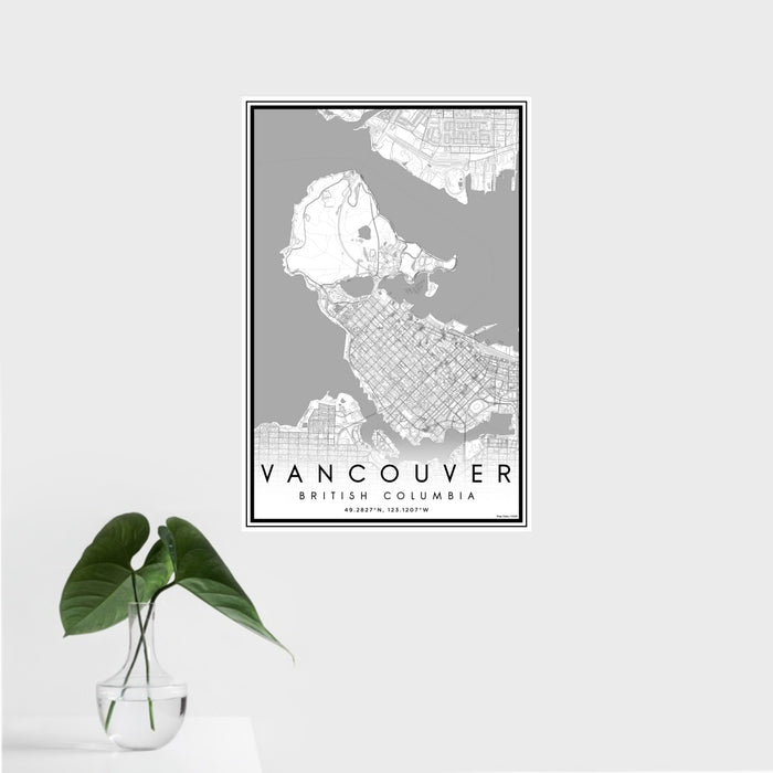 16x24 Vancouver British Columbia Map Print Portrait Orientation in Classic Style With Tropical Plant Leaves in Water