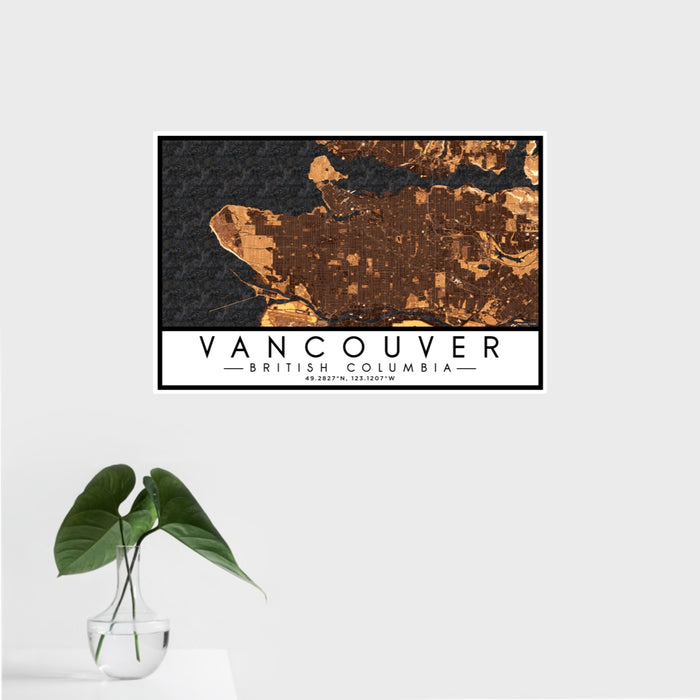 16x24 Vancouver British Columbia Map Print Landscape Orientation in Ember Style With Tropical Plant Leaves in Water