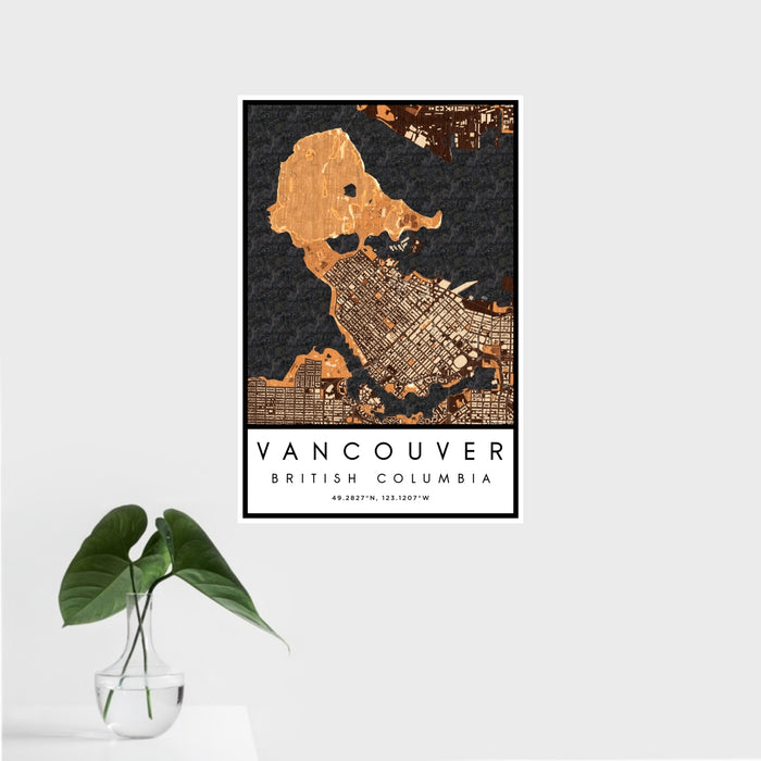 16x24 Vancouver British Columbia Map Print Portrait Orientation in Ember Style With Tropical Plant Leaves in Water