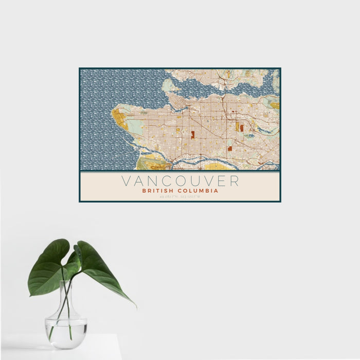 16x24 Vancouver British Columbia Map Print Landscape Orientation in Woodblock Style With Tropical Plant Leaves in Water