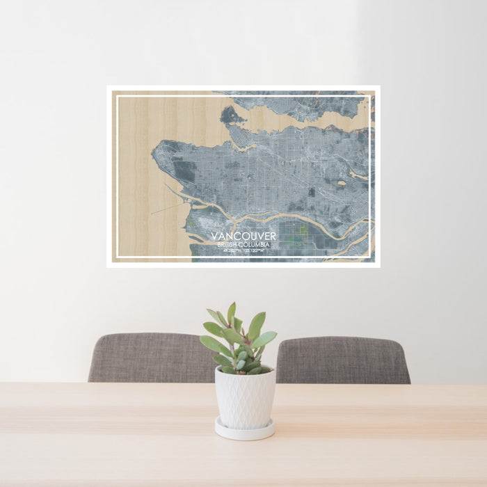 24x36 Vancouver British Columbia Map Print Lanscape Orientation in Afternoon Style Behind 2 Chairs Table and Potted Plant