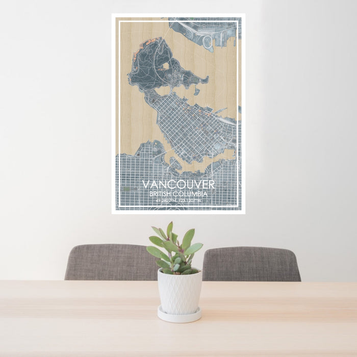 24x36 Vancouver British Columbia Map Print Portrait Orientation in Afternoon Style Behind 2 Chairs Table and Potted Plant