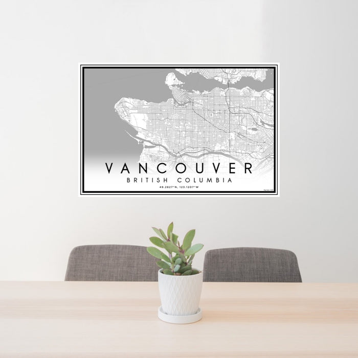 24x36 Vancouver British Columbia Map Print Lanscape Orientation in Classic Style Behind 2 Chairs Table and Potted Plant