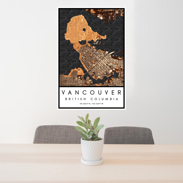24x36 Vancouver British Columbia Map Print Portrait Orientation in Ember Style Behind 2 Chairs Table and Potted Plant