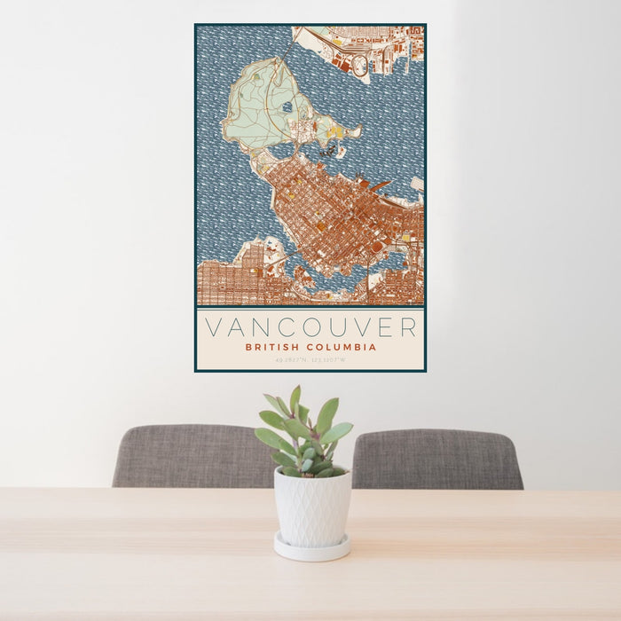 24x36 Vancouver British Columbia Map Print Portrait Orientation in Woodblock Style Behind 2 Chairs Table and Potted Plant