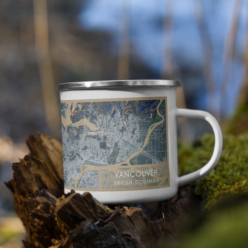 Right View Custom Vancouver British Columbia Map Enamel Mug in Afternoon on Grass With Trees in Background