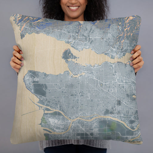 Person holding 22x22 Custom Vancouver British Columbia Map Throw Pillow in Afternoon