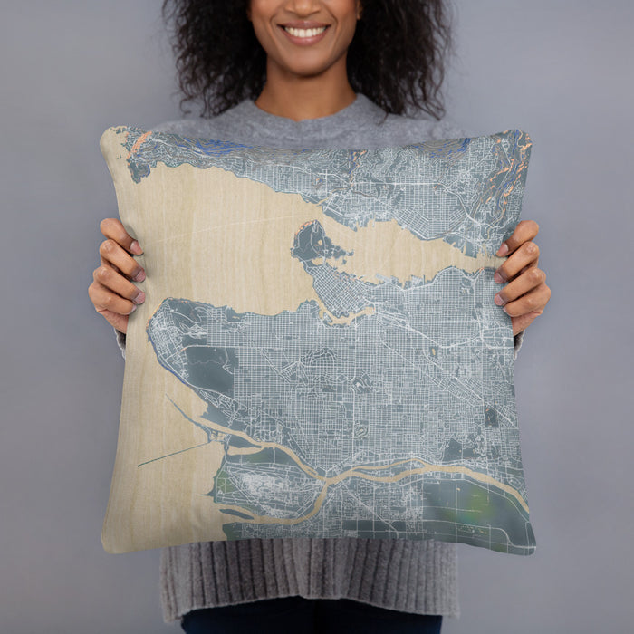 Person holding 18x18 Custom Vancouver British Columbia Map Throw Pillow in Afternoon
