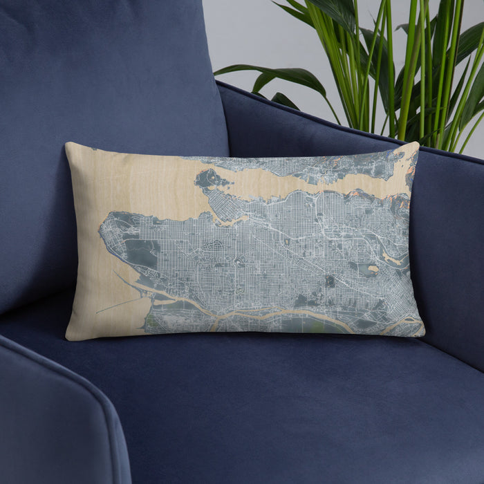 Custom Vancouver British Columbia Map Throw Pillow in Afternoon on Blue Colored Chair