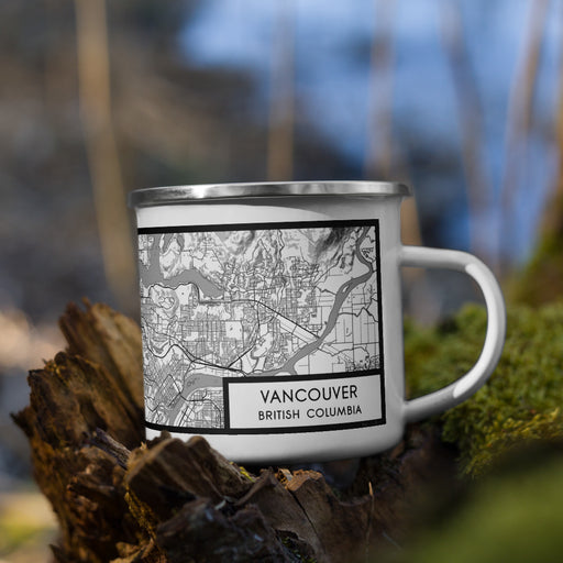 Right View Custom Vancouver British Columbia Map Enamel Mug in Classic on Grass With Trees in Background