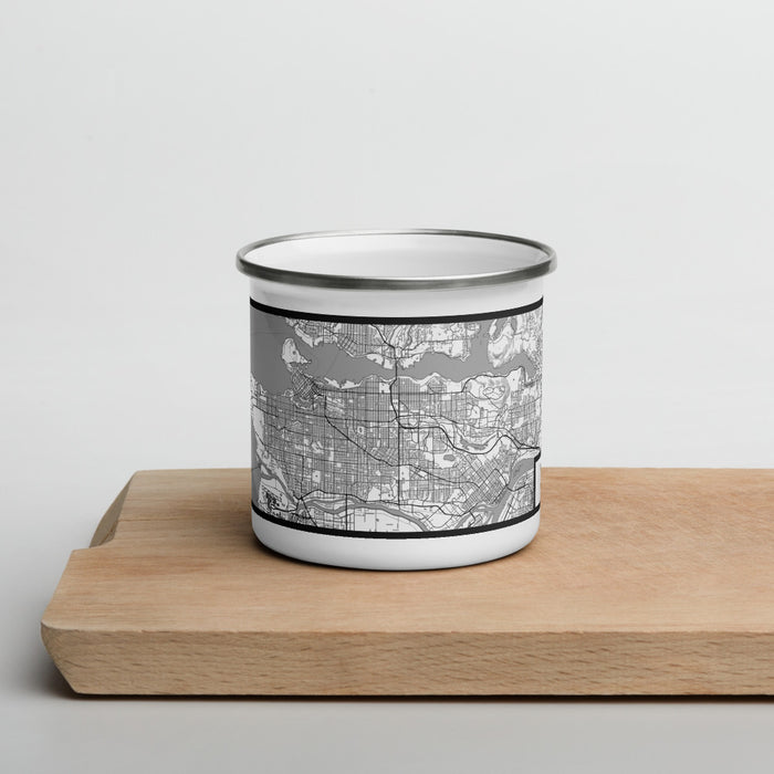 Front View Custom Vancouver British Columbia Map Enamel Mug in Classic on Cutting Board