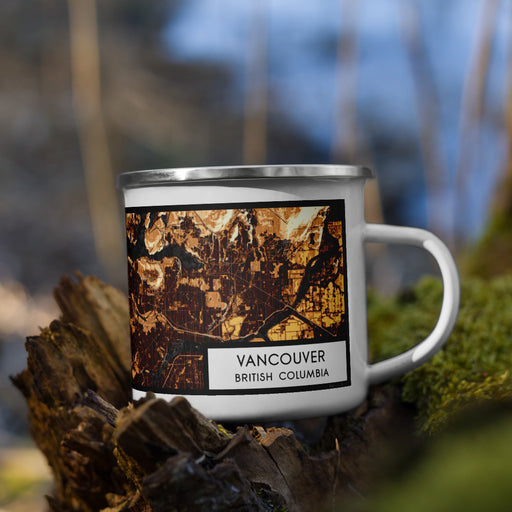 Right View Custom Vancouver British Columbia Map Enamel Mug in Ember on Grass With Trees in Background