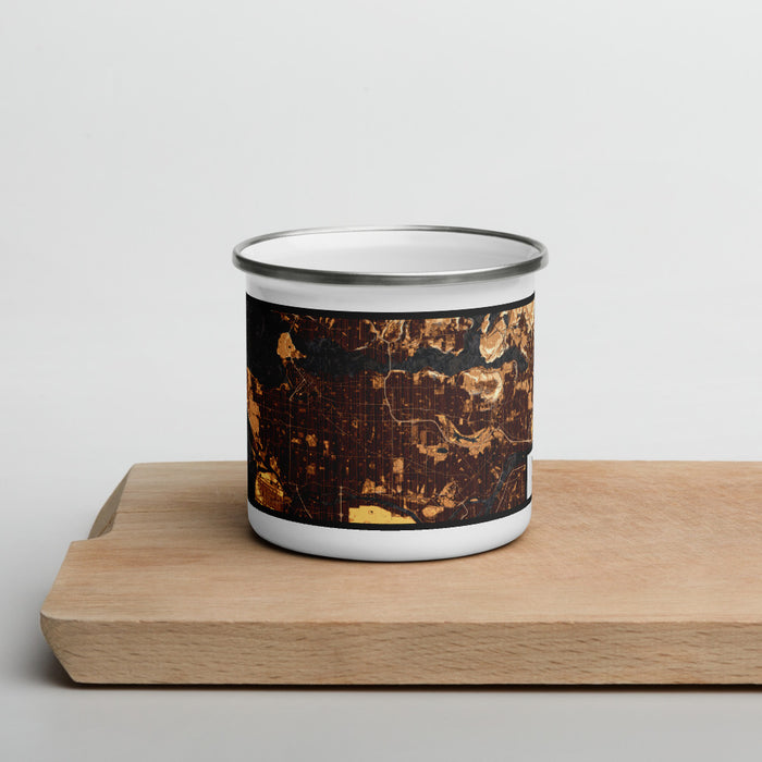 Front View Custom Vancouver British Columbia Map Enamel Mug in Ember on Cutting Board