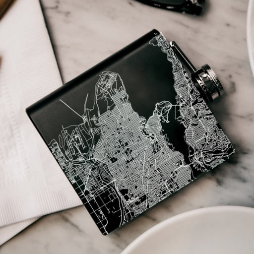 Vancouver British Columbia Custom Engraved City Map Inscription Coordinates on 6oz Stainless Steel Flask in Black