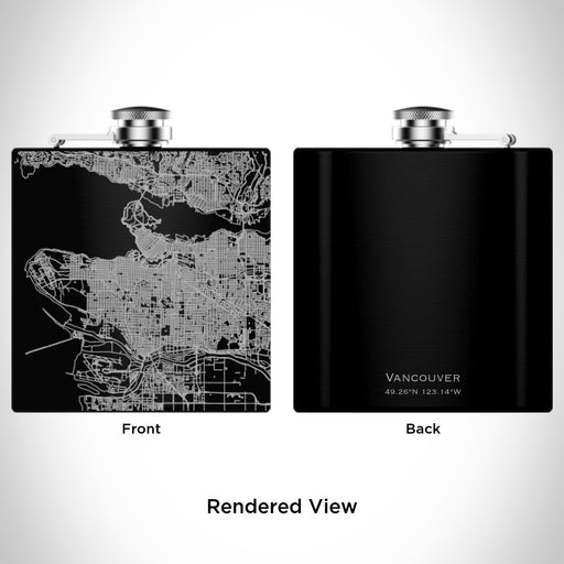 Rendered View of Vancouver British Columbia Map Engraving on 6oz Stainless Steel Flask in Black