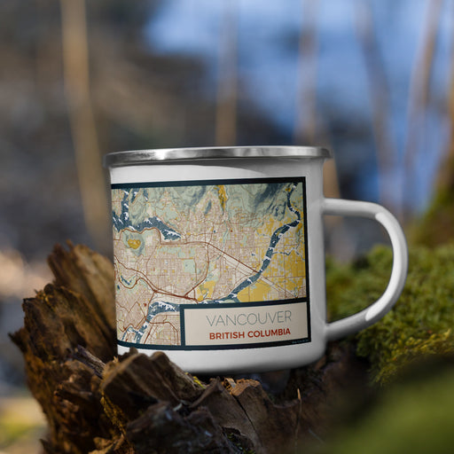 Right View Custom Vancouver British Columbia Map Enamel Mug in Woodblock on Grass With Trees in Background