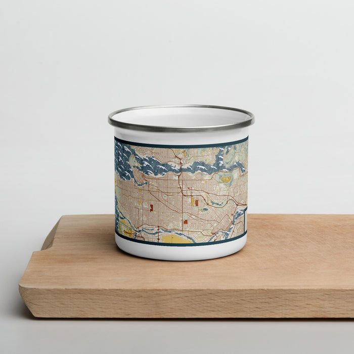 Front View Custom Vancouver British Columbia Map Enamel Mug in Woodblock on Cutting Board