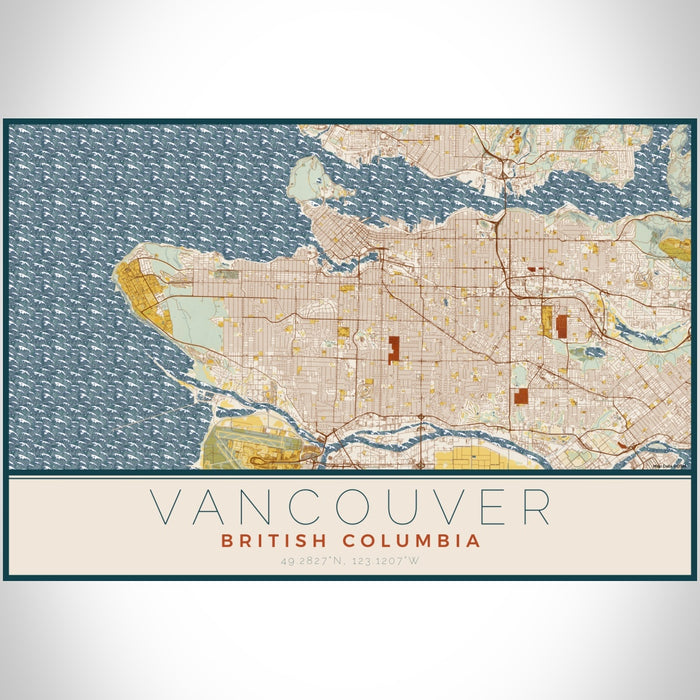 Vancouver British Columbia Map Print Landscape Orientation in Woodblock Style With Shaded Background