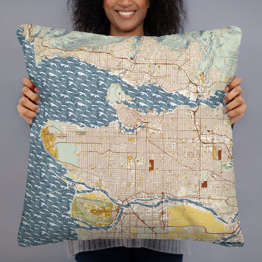Person holding 22x22 Custom Vancouver British Columbia Map Throw Pillow in Woodblock