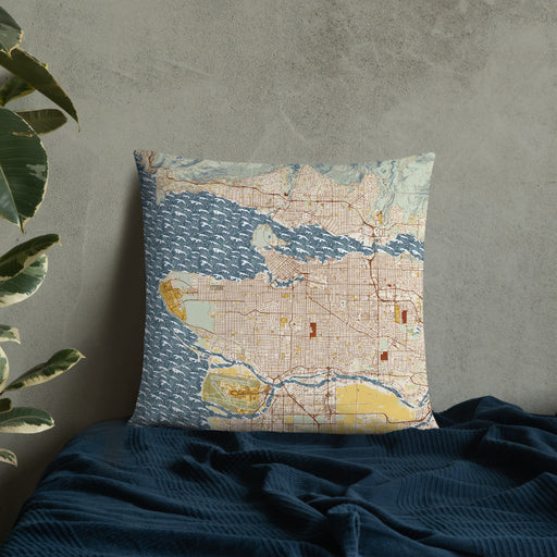 Custom Vancouver British Columbia Map Throw Pillow in Woodblock on Bedding Against Wall