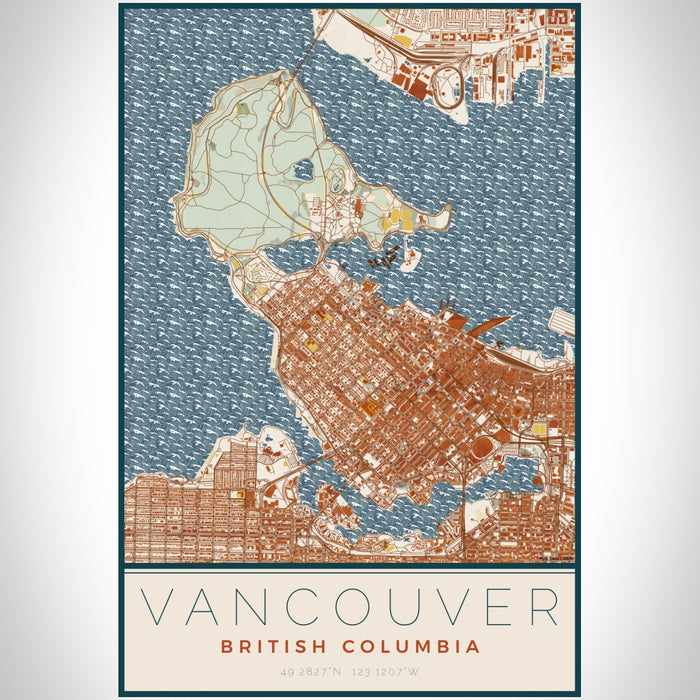 Vancouver British Columbia Map Print Portrait Orientation in Woodblock Style With Shaded Background