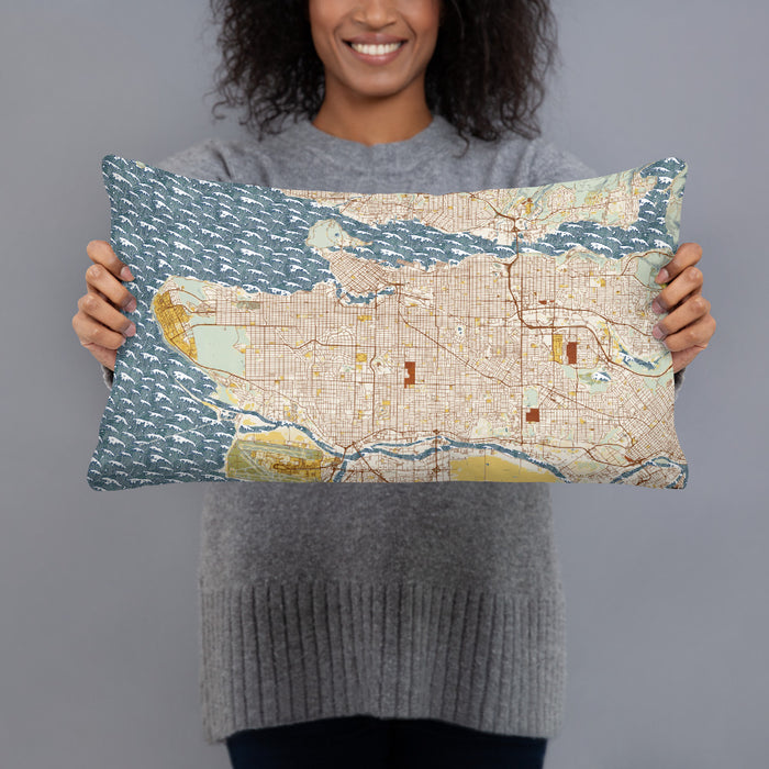 Person holding 20x12 Custom Vancouver British Columbia Map Throw Pillow in Woodblock