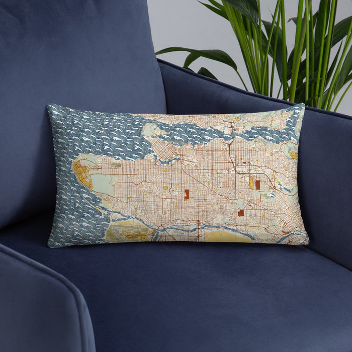 Custom Vancouver British Columbia Map Throw Pillow in Woodblock on Blue Colored Chair