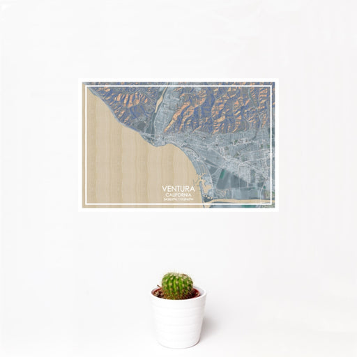 12x18 Ventura California Map Print Landscape Orientation in Afternoon Style With Small Cactus Plant in White Planter