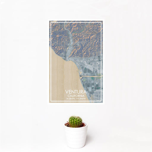 12x18 Ventura California Map Print Portrait Orientation in Afternoon Style With Small Cactus Plant in White Planter