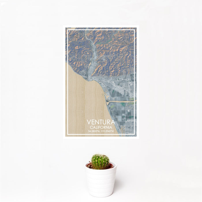 12x18 Ventura California Map Print Portrait Orientation in Afternoon Style With Small Cactus Plant in White Planter