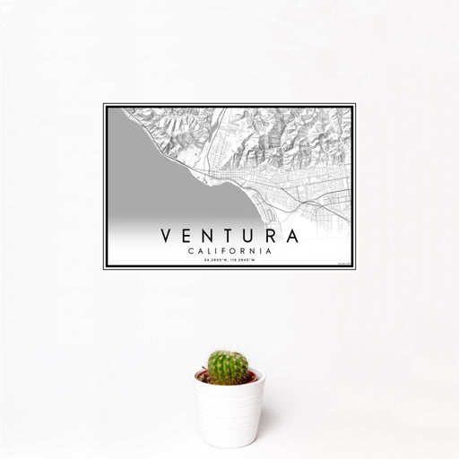 12x18 Ventura California Map Print Landscape Orientation in Classic Style With Small Cactus Plant in White Planter