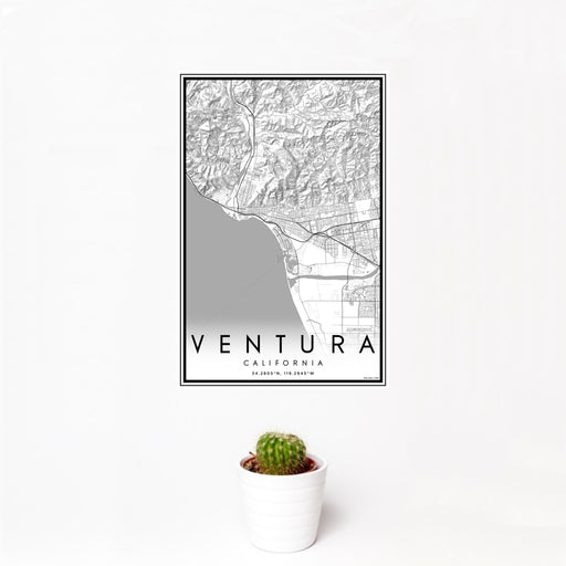 12x18 Ventura California Map Print Portrait Orientation in Classic Style With Small Cactus Plant in White Planter