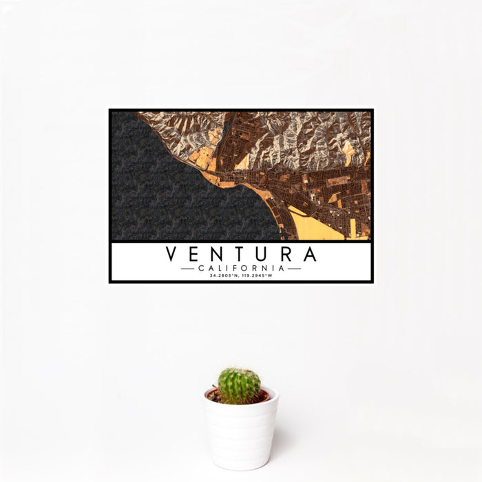 12x18 Ventura California Map Print Landscape Orientation in Ember Style With Small Cactus Plant in White Planter