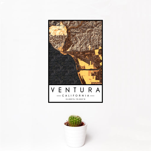 12x18 Ventura California Map Print Portrait Orientation in Ember Style With Small Cactus Plant in White Planter
