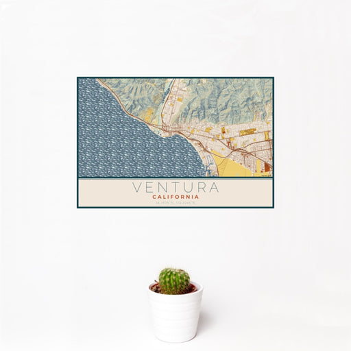 12x18 Ventura California Map Print Landscape Orientation in Woodblock Style With Small Cactus Plant in White Planter