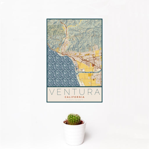12x18 Ventura California Map Print Portrait Orientation in Woodblock Style With Small Cactus Plant in White Planter