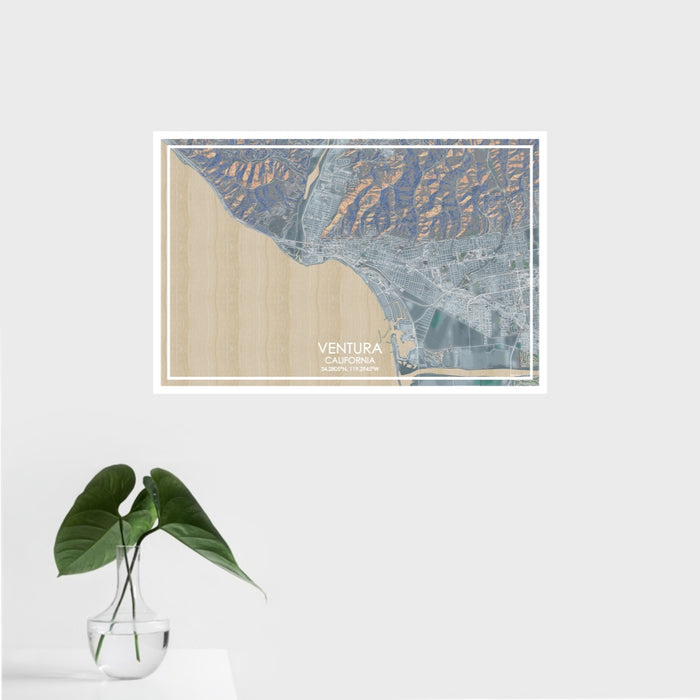 16x24 Ventura California Map Print Landscape Orientation in Afternoon Style With Tropical Plant Leaves in Water