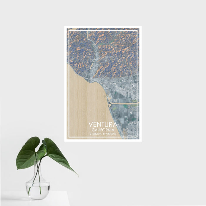 16x24 Ventura California Map Print Portrait Orientation in Afternoon Style With Tropical Plant Leaves in Water