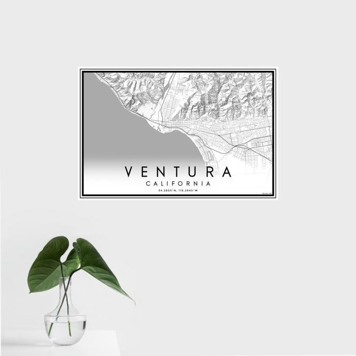 16x24 Ventura California Map Print Landscape Orientation in Classic Style With Tropical Plant Leaves in Water