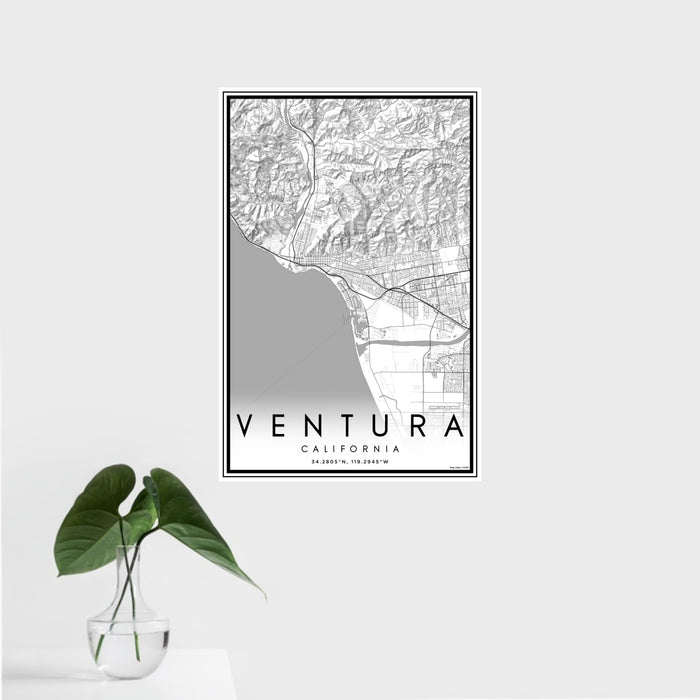 16x24 Ventura California Map Print Portrait Orientation in Classic Style With Tropical Plant Leaves in Water